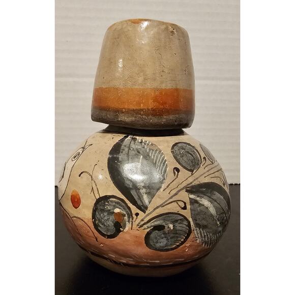 Vintage Floral Dove Tonala Burnished Pottery Water Jug Tumble Up Carafe w/ Cup - Picture 2 of 8